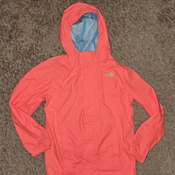 Girls Coral Pink and Yellow North Face Jacket - Picture 1 of 3